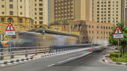 A view of traffic on the street at Jumeirah Beach Residence and Dubai marina timelapse, United Arab Emirates.