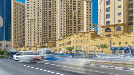 A view of traffic on the street at Jumeirah Beach Residence and Dubai marina timelapse, United Arab Emirates.