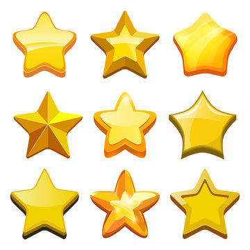 Game cartoon stars. Crystal golden gui buttons icons and status bar vector mobile gaming template. Star gui, game ui, gold interface glossy stars