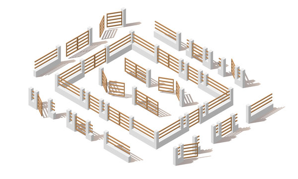 Isometric wood light fence with shadows isolated. Iron gate open and close from middle. Fence with columns. Gates and fences for yard. Flat style. Vector illustration