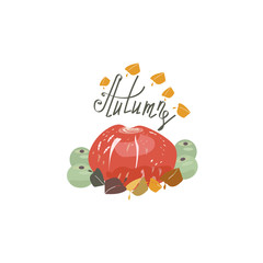 Harvest or Thanksgiving background with pumpkins, apples and fallen leaves on wooden background with copyspace. Halloween, Thanksgiving day, seasonal autumnal concept