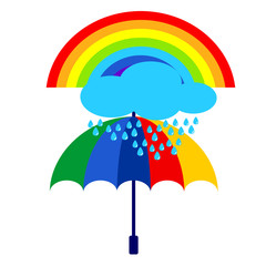 Umbrella icon with cloud and rainbow. Rain protection symbol. Flat design style.