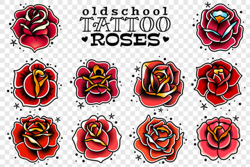 old school tattoo red roses set - obrazy, fototapety, plakaty