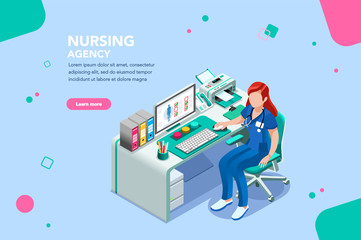 Concept with characters, treatment and exam patient, specialist cartoon. Examination, diagnosis, nurse work, physician at female consult infographic. Scanning person flat isometric vector illustration - 225474881