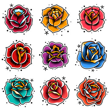 old school tattoo roses set