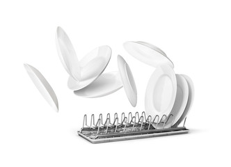 Metal stand for plates with flying saucers, isolated on white background