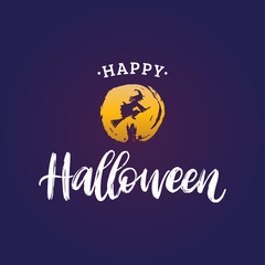 Happy Halloween, hand lettering. Vector illustration of flying witch on broom against a full Moon.