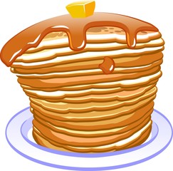 Fresh tasty hot pancakes with sweet maple syrup. Cartoon icon isolated on background