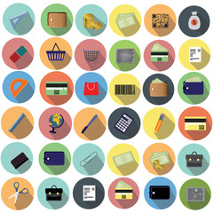 Modern design vector illustration of a flat icon set with a long shadow style of financial services, business management, bank account and cash objects. Isolated on white background. Vector