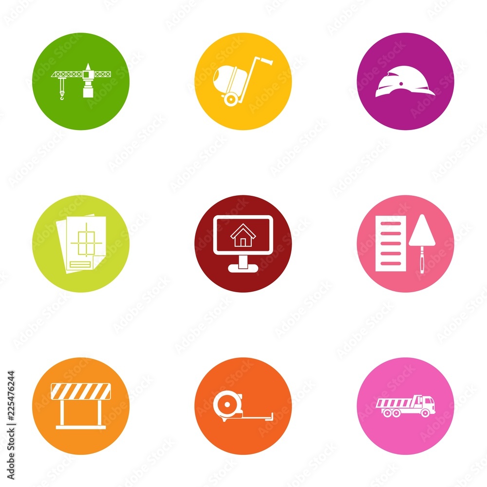 Poster reconstruction icons set. flat set of 9 reconstruction vector icons for web isolated on white backgr