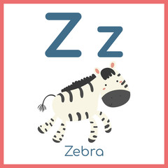 Cute animal alphabet. Z letter. Cute Zebra.
