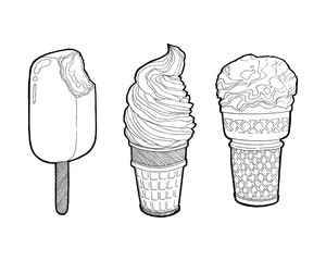 Vector vintage hand drawn set of ice cream. Chocolate ice Cream bitten and Ice Cream in a waffles isolated on white background. Hand drawing doodle vector