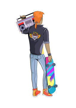 80s Stylish Man and Skateboard Vector Illustration
