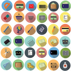 Modern design vector illustration of a flat icon set with a long shadow style of financial services, business management, bank account and cash objects. Isolated on white background. Vector