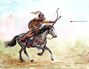 Mounted knight. Magyar (hungarian) mounted archer at the Battle of Lechfeld, 955. Medieval history. © Lunstream