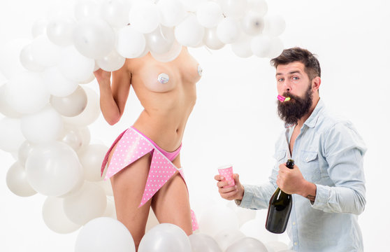Man bearded bachelor celebrate drink champagne. Stag party. Sexy girl strip dancer surprise. Birthday stripper for him. Hipster bachelor celebrate. Idea bachelor party. Private dance for bachelor