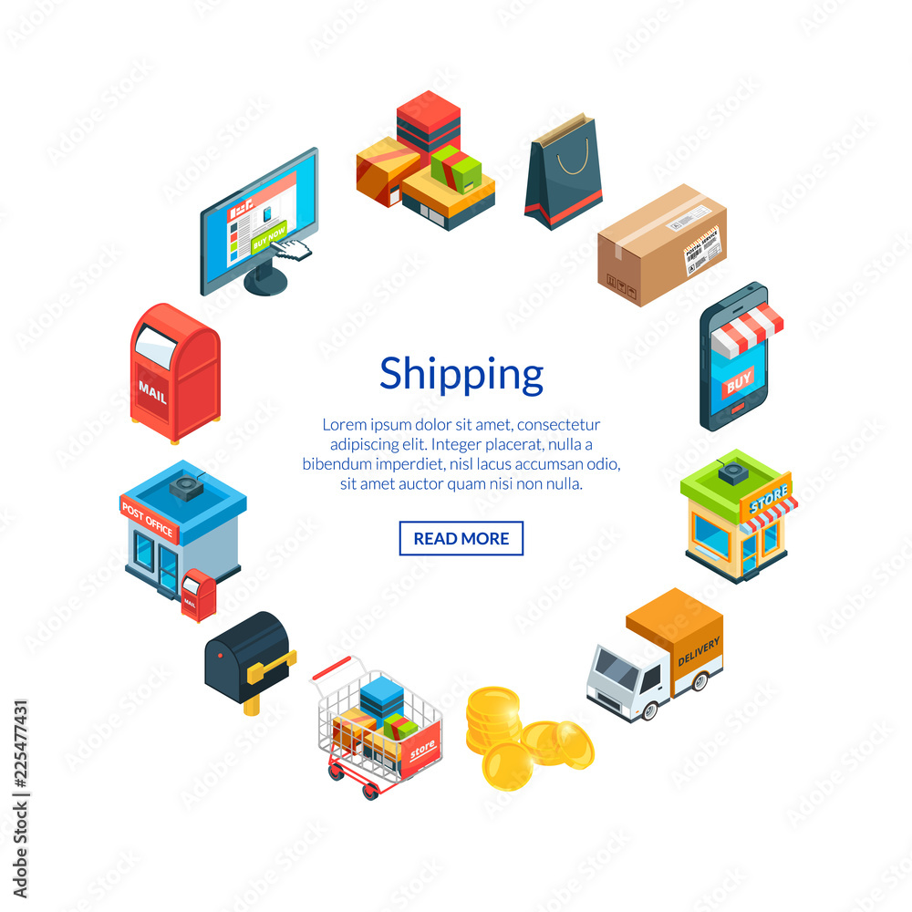 Poster vector isometric shipping and delivery icons in circle shape with place for text illustration