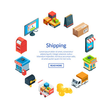 Vector isometric shipping and delivery icons in circle shape with place for text illustration