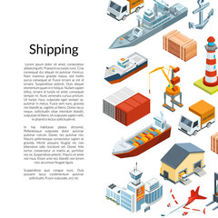 Vector isometric marine logistics and seaport background with place for text illustration