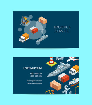 Vector isometric marine logistics or seaport company business card template illustration