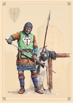 Medieval knight. Teutonic sergeant,  Peipus lake battle. Acrylic illustration.