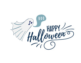 happy Halloween postcard template. Spook character of horror. Mystical Nightmare. Ghost in sheet