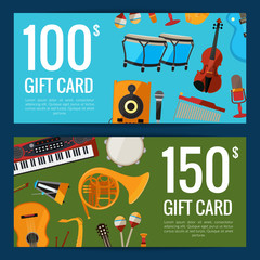 Vector cartoon musical instruments discount or gift voucher templates illustration