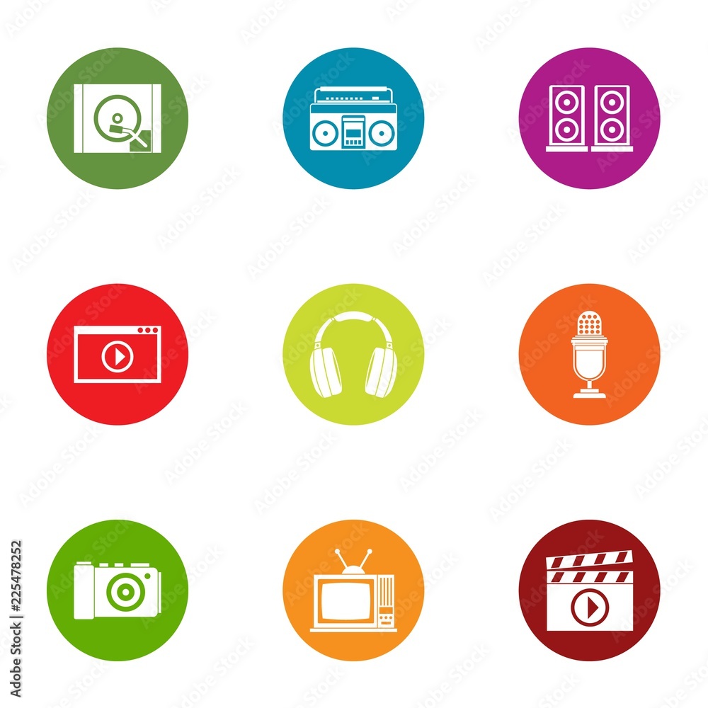 Poster play video icons set. flat set of 9 play video vector icons for web isolated on white background