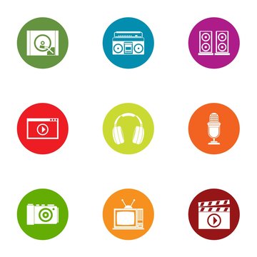 Play video icons set. Flat set of 9 play video vector icons for web isolated on white background