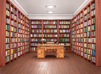 Reading hall interior with desk. 3d illustration