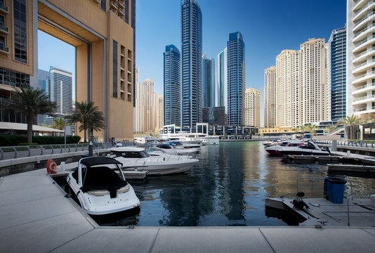 Marina Promenade in Dubai city, UAE, United Arab Emirates. Clear blue sky at the day