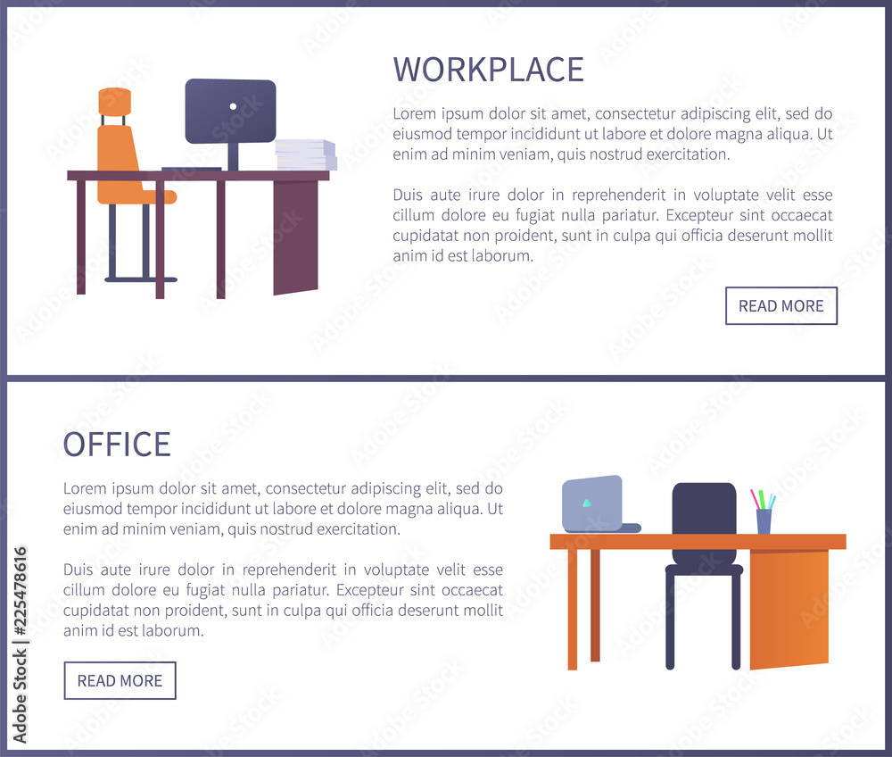 Poster office workplace web posters set with empty tables