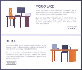 Office Workplace Web Posters Set with Empty Tables