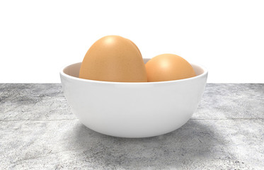 Render of white ceramic bowl ful of eggs. Placed on concrete table.