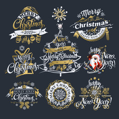 Fototapeta premium 2019 Christmas and New year labels and borders. Decoration set calligraphic design with typographic labels, and icons elements for you. Hand drawn authors work. Merry Christmas emblems.