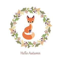Cute fox in cartoon style isolated on a white background. Autumn poster. Childhood vector illustration.