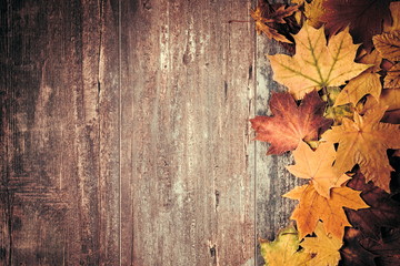 Naklejka na ściany i meble Autumn composition. Frame made of autumn dried leaves on dark wooden vintage background. Autumn, fall, background. Flat lay, top view, copy space 