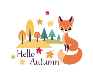 Cute fox in cartoon style isolated on a white background. Autumn poster. Childhood vector illustration.
