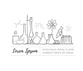 Laboratory equipment set. Science chemistry. Microscope, Glass flasks and test tubes. Chemical experiments. Formulas, elements and atoms. objects