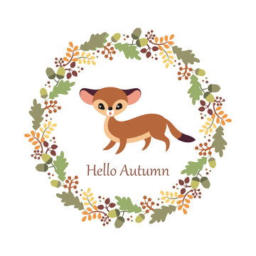 Cute Ermine In Cartoon Style Isolated On A White Background. Autumn Poster. Childhood Vector Illustration.