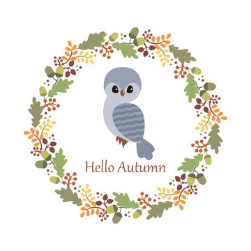 Cute owl in cartoon style isolated on a white background. Autumn poster. Childhood vector illustration.