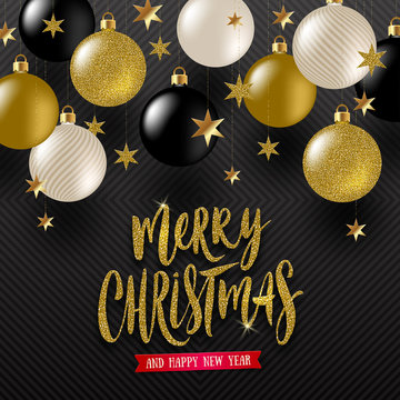 Vector illustration - Christmas calligraphic greeting , Golden stars and black, white and glitter gold Christmas baubles.
