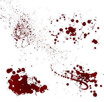 Set of realistic bloody splatters. Drop and blob of blood. Bloodstains. Isolated. Vector illustration isolated on white background. Red puddles