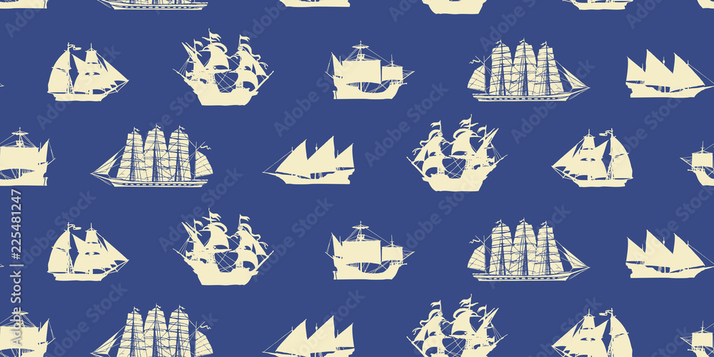 Poster vector seamless background on the theme of sea travel with various sailing ships. sea objects on a b