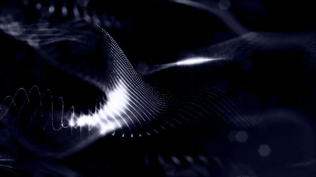 3d render of loop sci-fi animation with glow particles form rolling structures. Seamless footage as dark digital abstract background with particles, depth of field, bokeh. Motion graphics 3