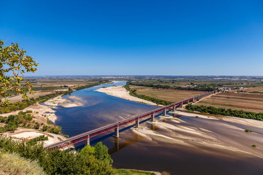 Santarem, Portugal. Ponte Dom Luis I Bridge, Tagus River and Leziria fields the fertile alluvial plain of Ribatejo,. Seen from Portas do Sol viewpoint