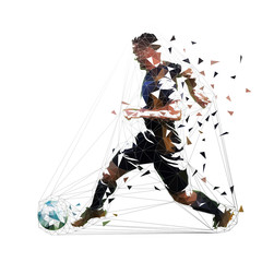 Football player in black jersey running with ball, abstract low poly vector drawing. Soccer player kicking ball. Isolated geometric colorful illustration, side view