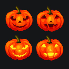 Set of Halloween pumpkins with a cut-out grimace isolated on white background. Happy Halloween concept or template.  Autumn holidays. Vector Illustration.