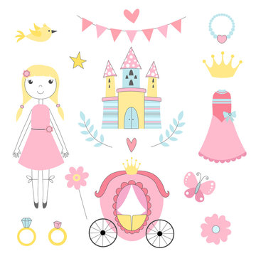 Fairy tale pictures of princess and other magician tools. Castle and princess, fairy tale coach and ring. Vector illustration