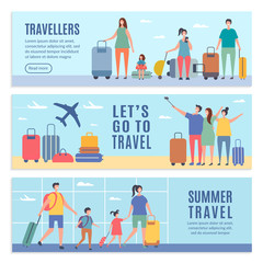 Banners of summer characters. People goes to summer vacation. Vector people vacation and trip, travel family illustration
